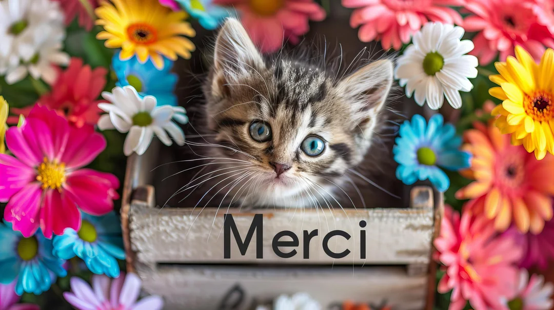 Un jeune chaton tigré aux yeux bleus regarde la caméra depuis un petit cageot en bois, au milieu d'un bouquet de fleurs multicolores.
