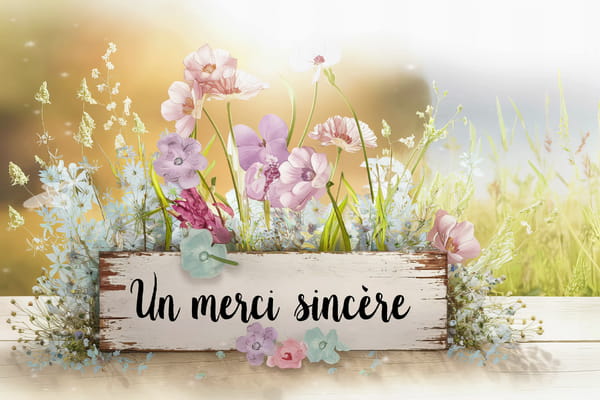 Carte de remerciement avec le texte 'Un merci sincère' sur une pancarte en bois, entourée de fleurs des champs roses, violettes et bleues.