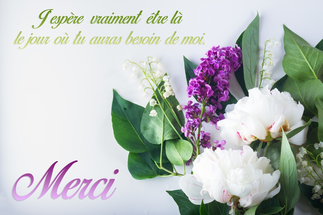 Sur un fond blanc, un bouquet de pivoines blanches, de lilas violets et de muguet est accompagné d'un message de remerciement.