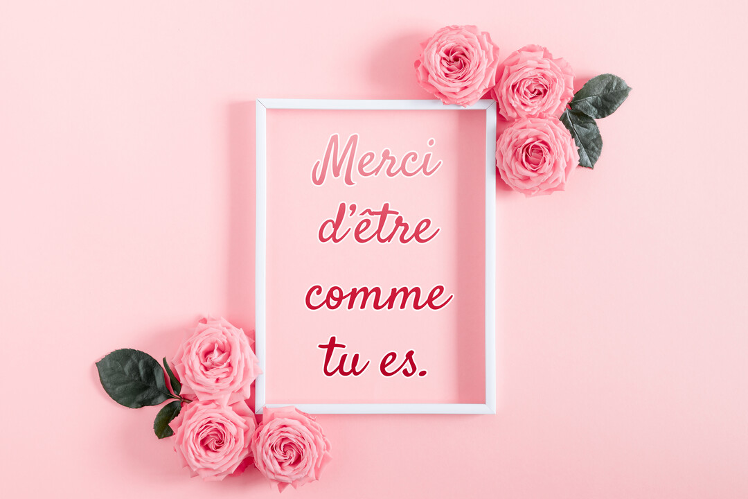 Une composition à plat montre un cadre blanc avec un texte de remerciement, décoré de plusieurs roses roses sur un fond pastel.