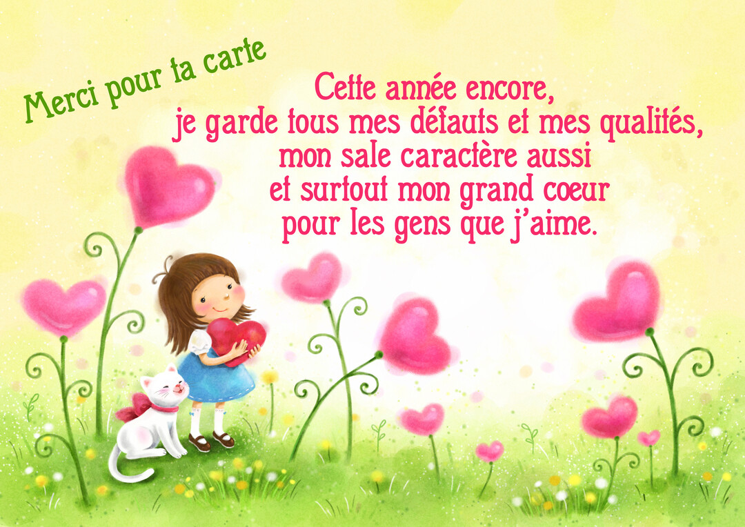 Cette jolie carte montre une fillette tenant un cœur près d'un chat blanc, dans un pré fleuri de cœurs roses et jaunes.