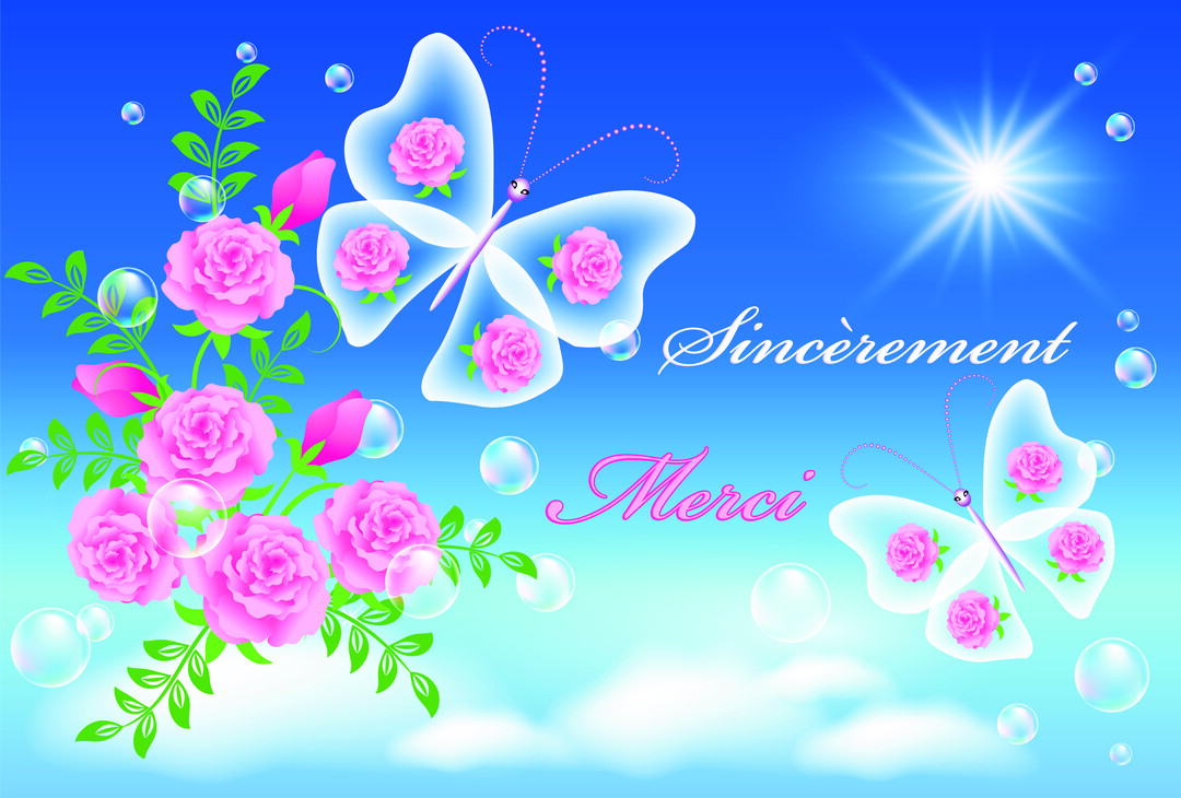 Une scène féerique avec deux papillons aux ailes ornées de roses et des fleurs flottant dans un ciel bleu ensoleillé, avec le texte 'Sincèrement merci'.