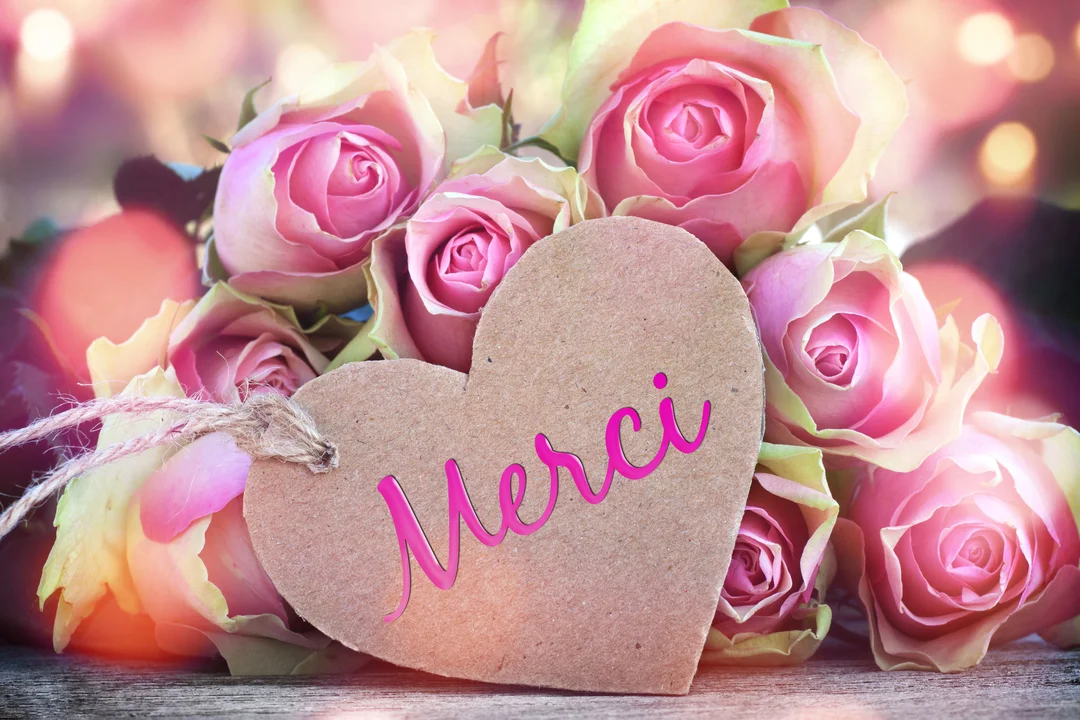 Une composition photographique montrant un bouquet de roses roses sur lequel est posée une étiquette en carton en forme de cœur portant l'inscription "Merci".