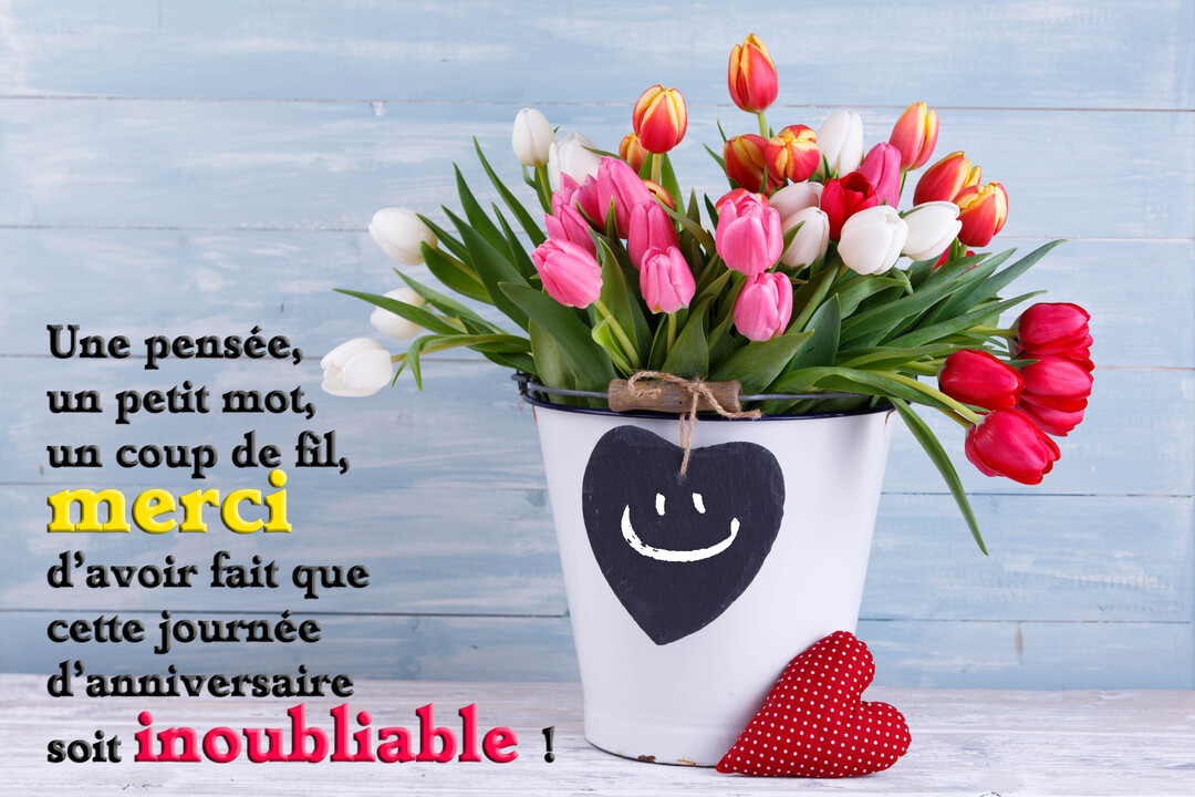 Un seau blanc contenant des tulipes roses, rouges et blanches est posé devant un fond en bois bleu, avec un cœur décoratif.