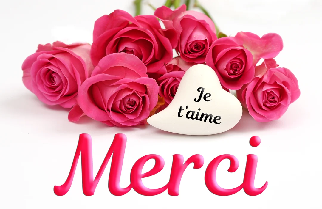 Sur un fond blanc, un bouquet de roses roses est accompagné d'un cœur décoratif portant l'inscription 'Je t'aime' et du mot 'Merci'.