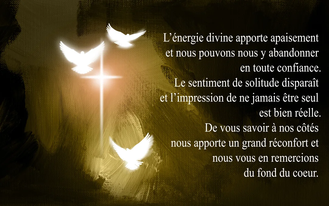 Sur un fond sombre texturé, trois colombes blanches et une croix brillent d'une lumière dorée, accompagnées d'un texte de remerciement spirituel.