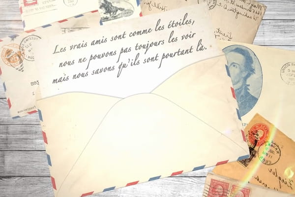 Carte de remerciement animée avec une lettre et une enveloppe vintage posées sur une table. Citation poétique sur l'amitié et les étoiles.