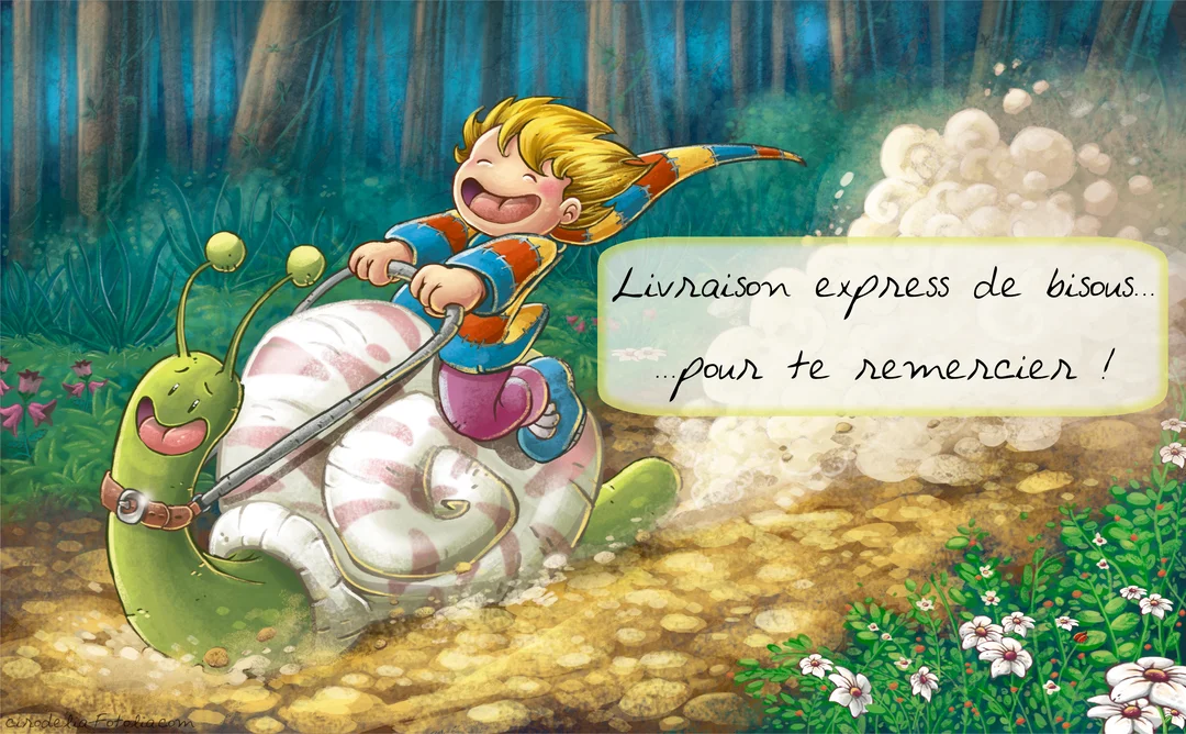 Un jeune elfe souriant avec un bonnet coloré chevauche un grand escargot sur un sentier forestier, porteur d'un message de remerciement.