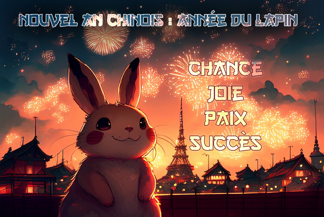 Un lapin de style manga sourit devant un ciel nocturne illuminé par des feux d'artifice, avec une ville mêlant architecture asiatique et Tour Eiffel.