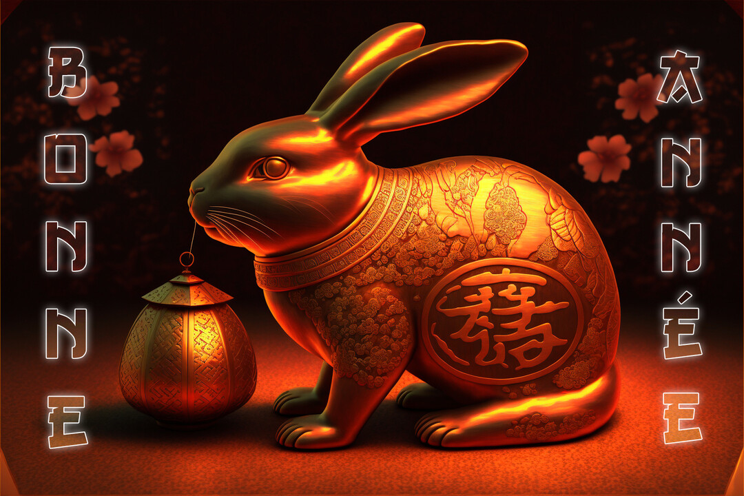 Une statue de lapin en or, finement ciselée, tient une lanterne, sur un fond sombre parsemé de fleurs rouges et du texte 'Bonne année'.