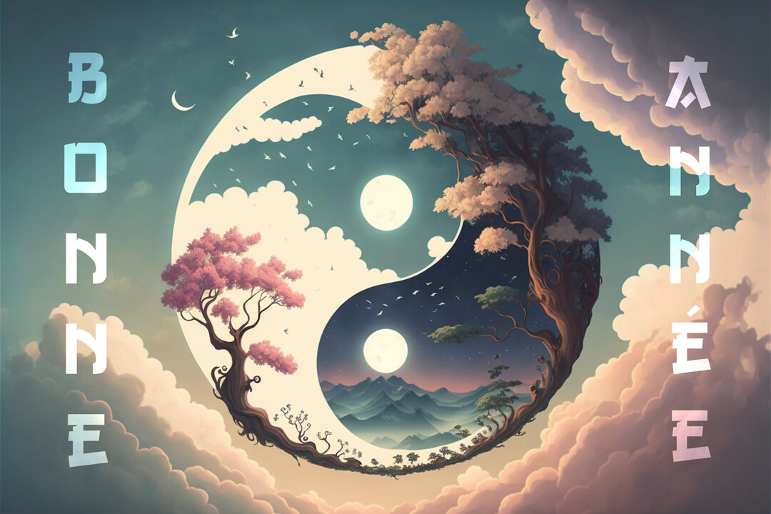 Une illustration surréaliste d'un symbole Yin-Yang flottant dans les nuages, où chaque moitié est un paysage avec un arbre et une lune.