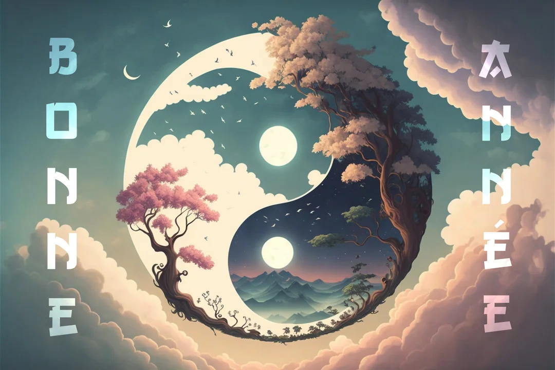 Une illustration surréaliste d'un symbole Yin-Yang flottant dans les nuages, où chaque moitié est un paysage avec un arbre et une lune.