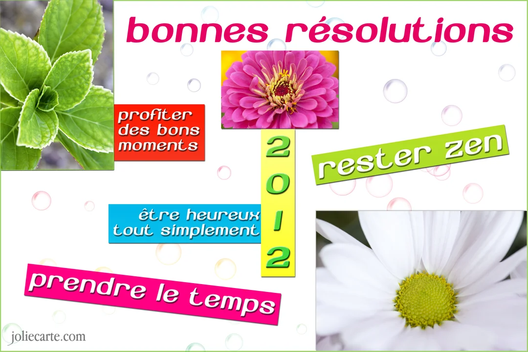 Un photomontage pour la nouvelle année avec des photos de fleurs et des messages d'inspiration comme 'rester zen' sur fond blanc.