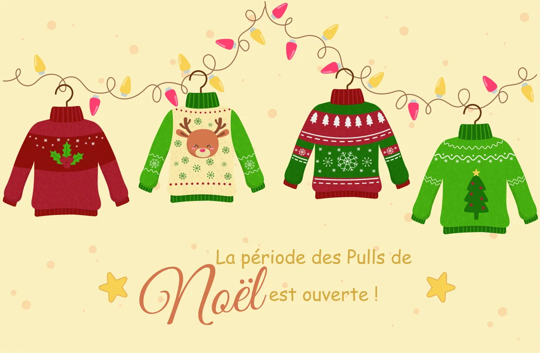 Un dessin représentant quatre pulls de Noël sur des cintres, accrochés à une guirlande lumineuse, sur un fond beige clair.