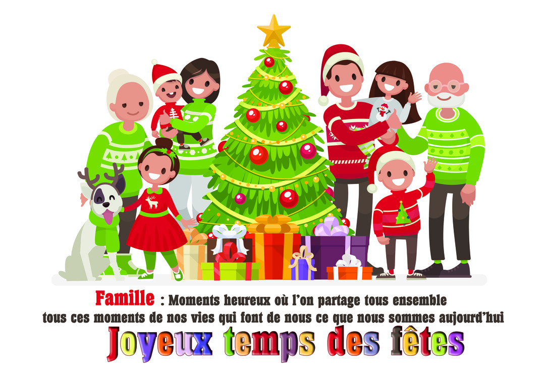 Une famille de plusieurs générations et un chien posent joyeusement en pulls de Noël devant un sapin et des cadeaux, sur fond blanc.