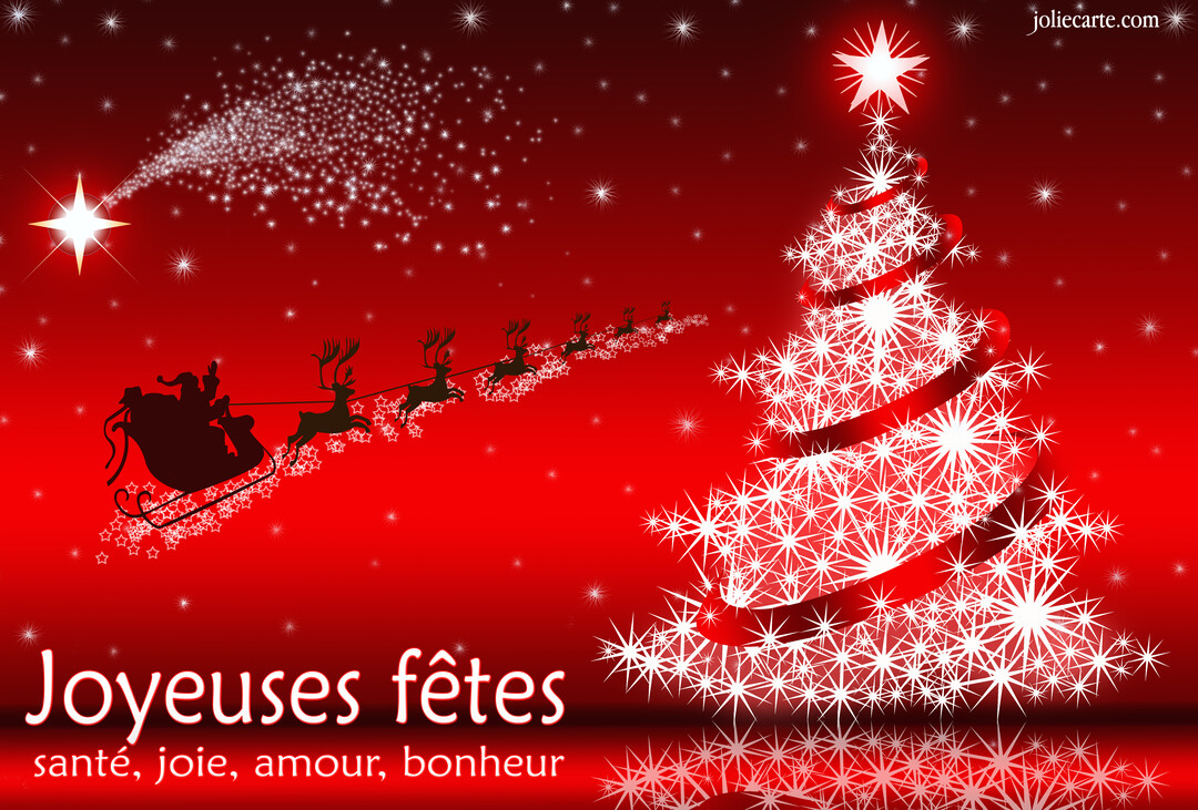 Une illustration festive de Noël montrant la silhouette du Père Noël dans son traîneau volant devant un grand sapin lumineux sur fond rouge.