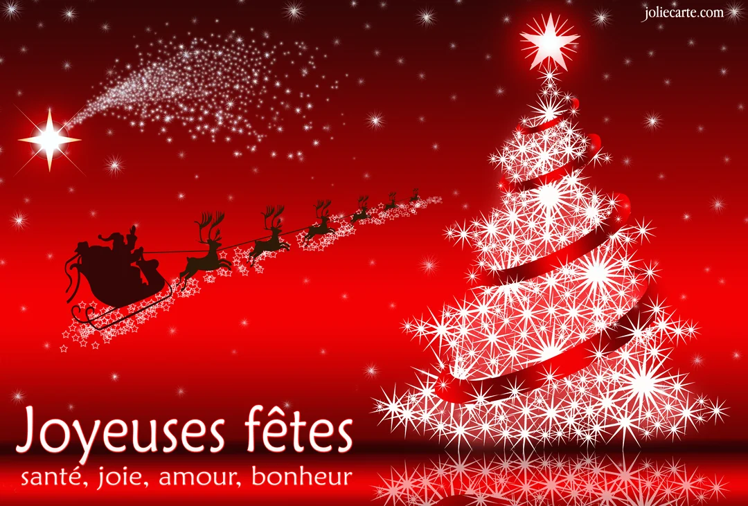 Une illustration festive de Noël montrant la silhouette du Père Noël dans son traîneau volant devant un grand sapin lumineux sur fond rouge.