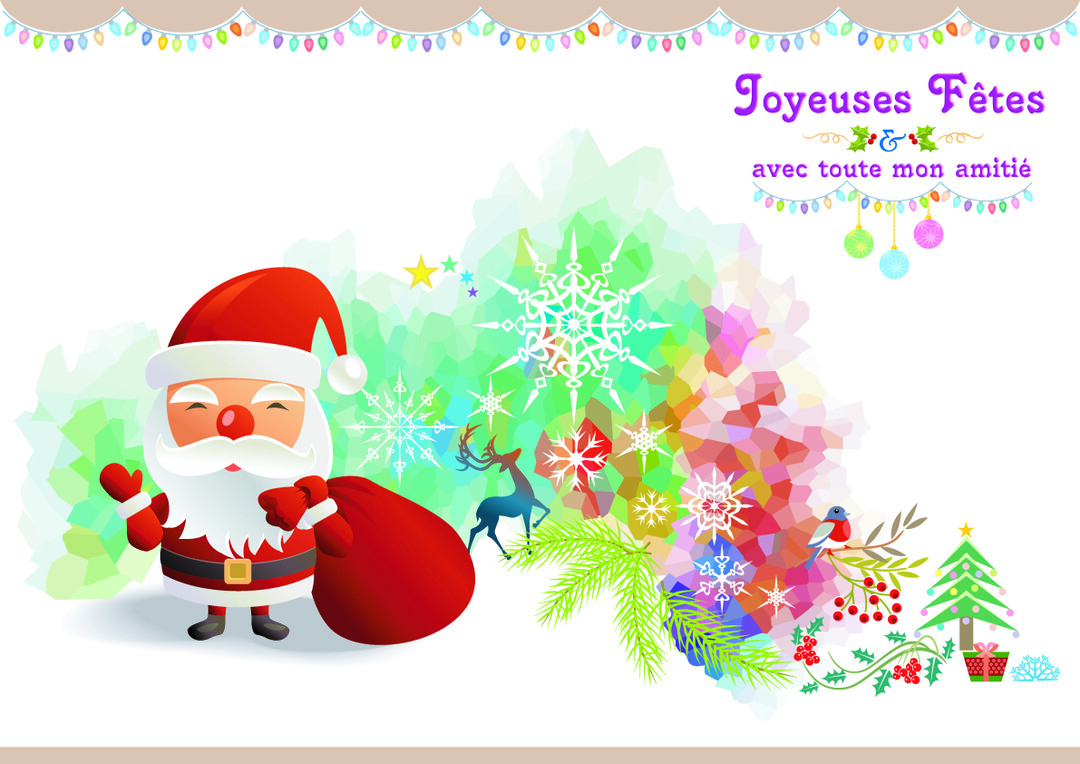 Une composition de Noël festive montrant un Père Noël, un renne, des flocons de neige et un fond abstrait multicolore avec un message d'amitié.