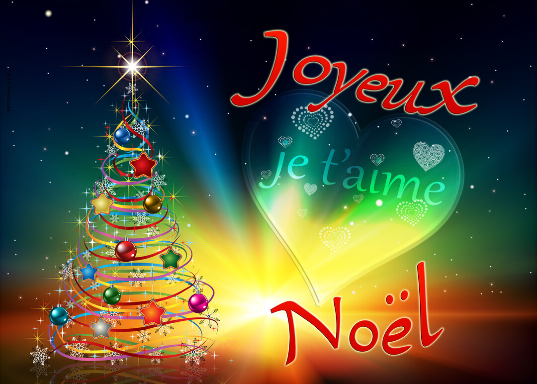 Une illustration festive d'un sapin de Noël stylisé à côté d'un grand cœur transparent contenant l'inscription 'je t'aime' sur fond nocturne scintillant.