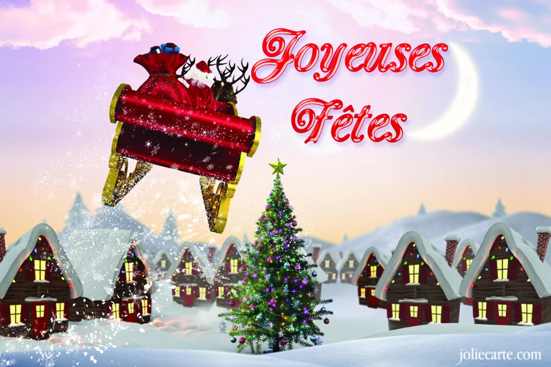 Le Père Noël vole dans son traîneau tiré par des rennes au-dessus d'un village de Noël illuminé, sous un ciel nocturne avec une lune.