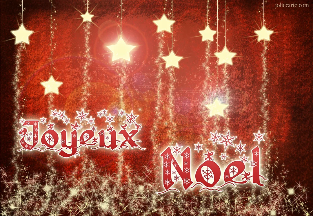 Une carte de vœux festive où 'Joyeux Noël' est écrit en rouge sur un fond étoilé et scintillant de la même couleur.