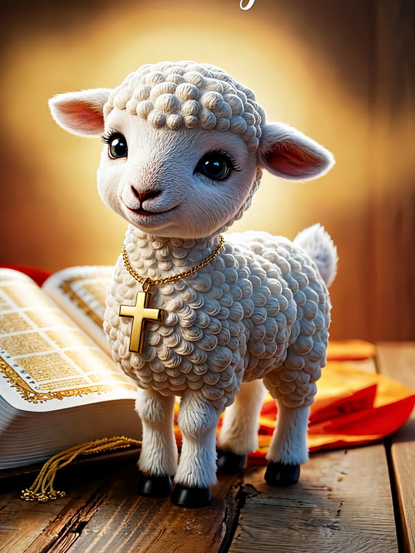 Un adorable agneau en 3D, portant un collier avec une croix en or, se tient à côté d'une bible ouverte. Texte : 'Béni soit ce jour'.