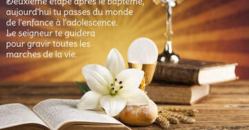 Aperçu de la carte : « Félicitations pour ta Communion. Deuxième étape après le baptême, aujourd'hui tu passes du monde... »