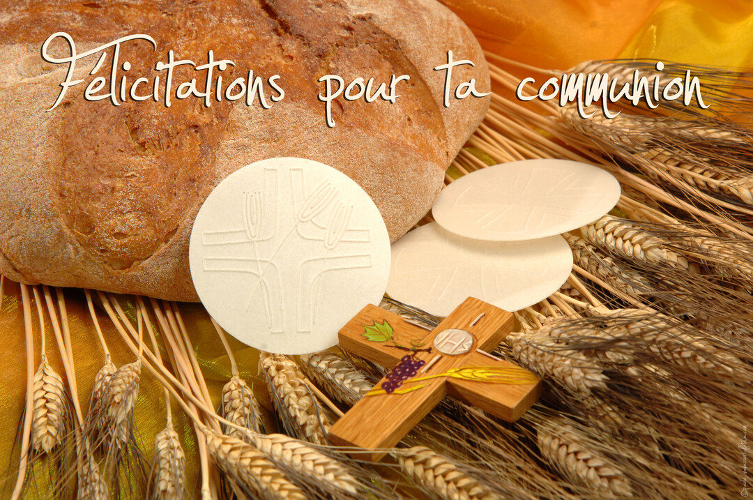 Une composition religieuse présentant un pain, des épis de blé, des hosties et une croix en bois pour célébrer une communion.