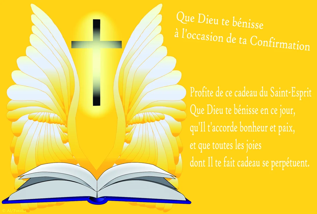 Illustration religieuse pour une confirmation, montrant une croix dorée et lumineuse, des ailes blanches et une bible ouverte sur un fond jaune vif.
