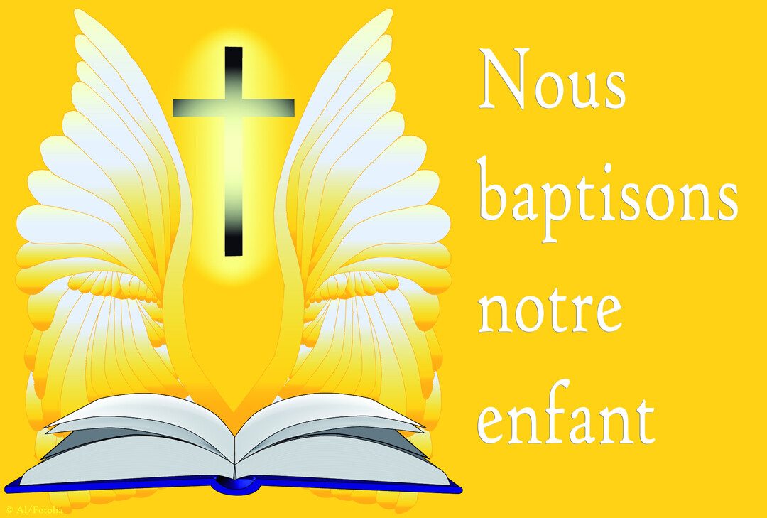 Une illustration religieuse montrant une croix rayonnante entre deux ailes d'ange, au-dessus d'une bible ouverte, sur un fond jaune vif.