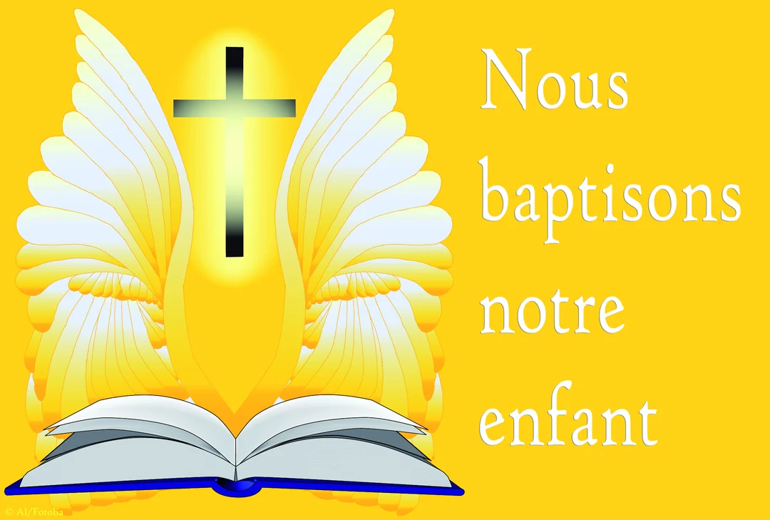Une illustration religieuse montrant une croix rayonnante entre deux ailes d'ange, au-dessus d'une bible ouverte, sur un fond jaune vif.