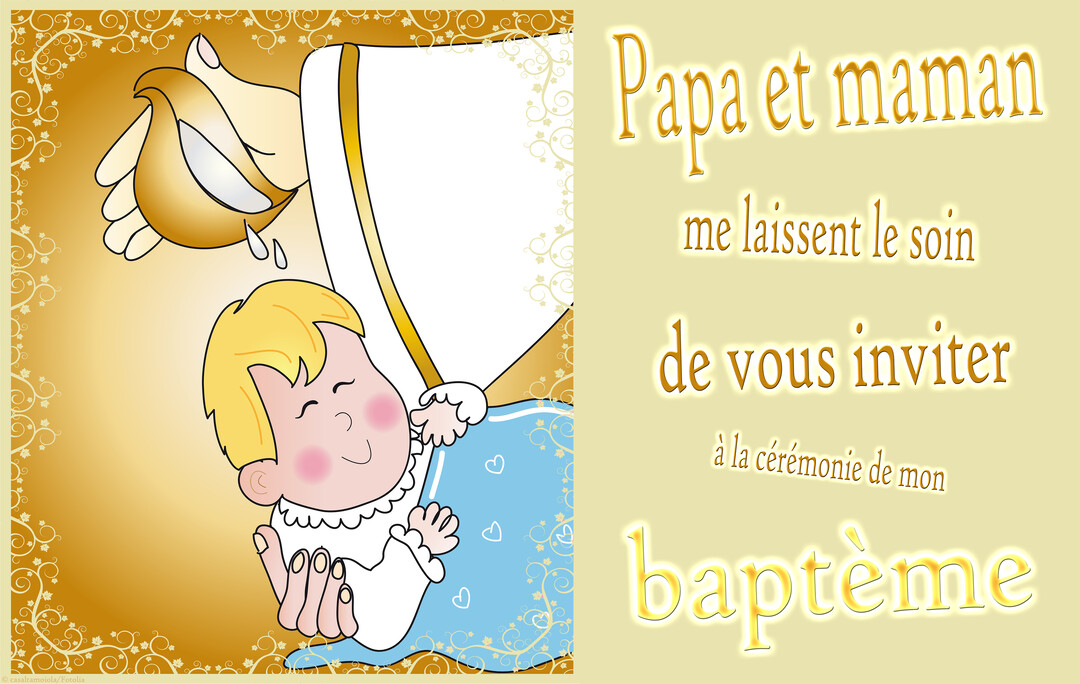 Illustration d'un bébé blond souriant, tenu dans des mains d'adulte, recevant l'eau du baptême versée d'une aiguière dorée sur fond jaune.