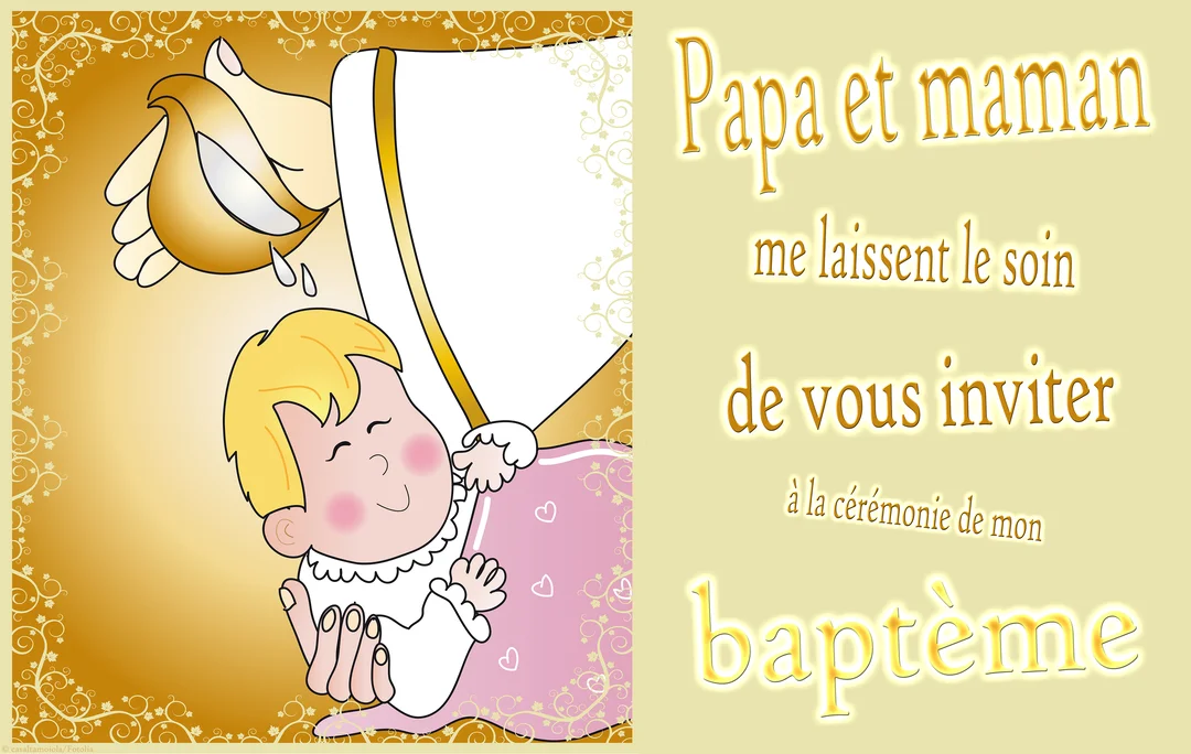 Illustration d'un bébé fille souriant, tenu dans des bras protecteurs pendant qu'une main verse l'eau bénite du baptême sur sa tête.