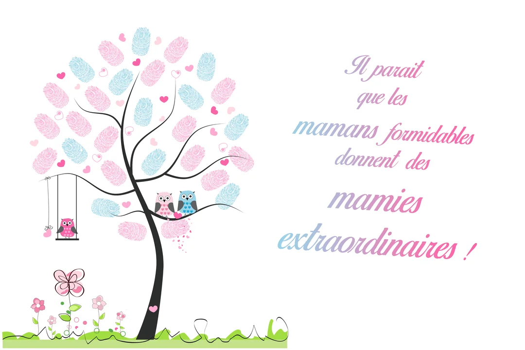 Une illustration d'un arbre avec des hiboux, dont le feuillage est composé d'empreintes digitales roses et bleues, à côté d'une citation pour une nouvelle grand-mère.