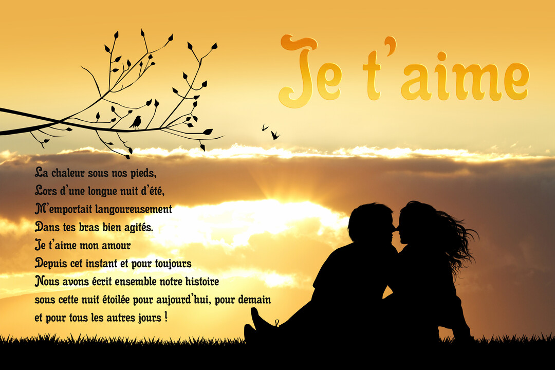 En silhouette, un couple est assis dans l'herbe devant un coucher de soleil orangé, accompagné d'un poème d'amour et de la phrase 'Je t'aime'.