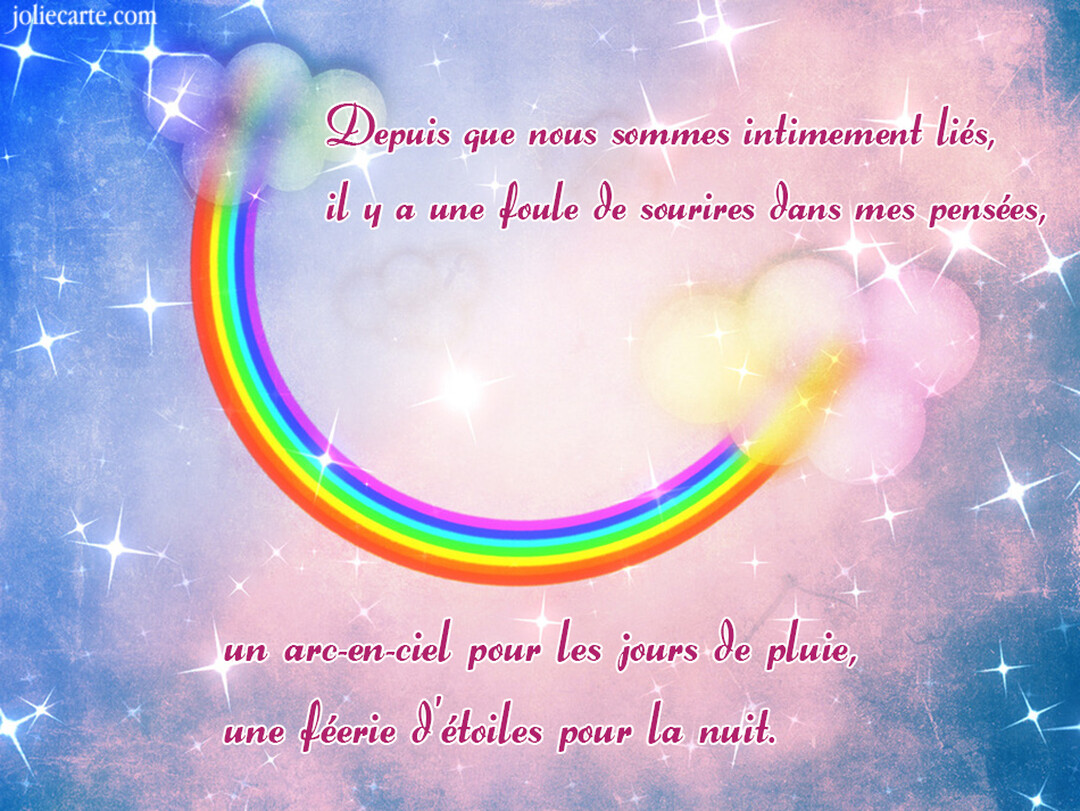 Un poème d'amour romantique est écrit sur un fond de ciel étoilé, au-dessus d'un grand arc-en-ciel coloré formant un large sourire.
