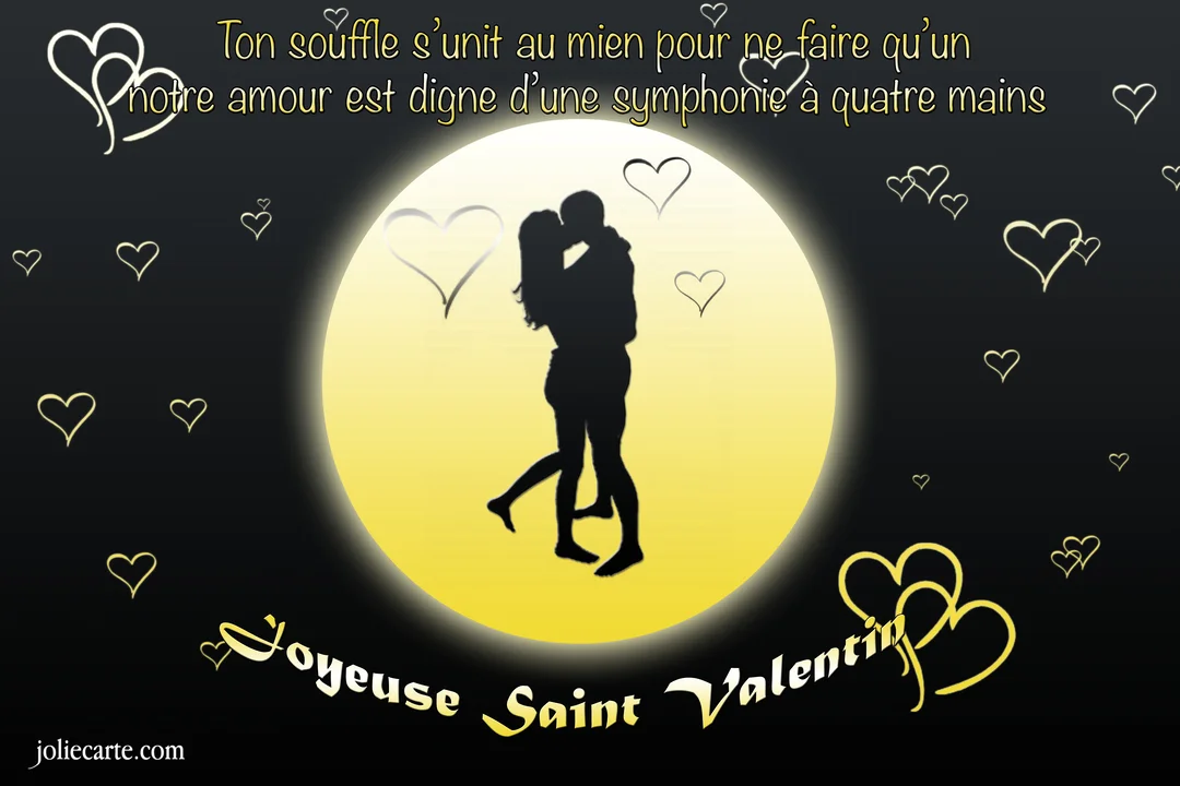 Sur un fond noir, la silhouette d'un couple s'embrasse passionnément dans un cercle jaune lumineux, entourée de cœurs et d'un texte poétique.