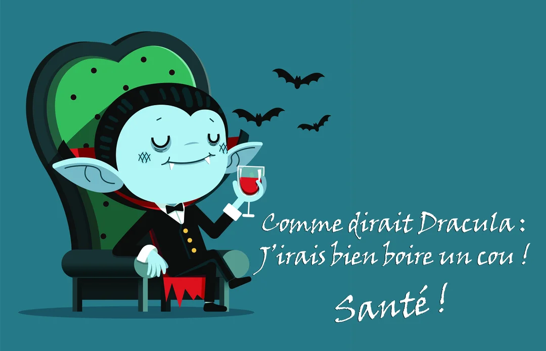 Un vampire de dessin animé, à la peau bleue et souriant, est assis sur un trône et lève un verre de vin rouge.