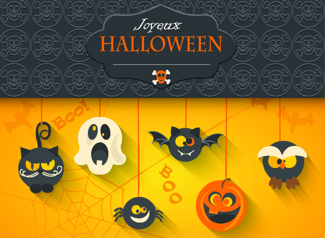 Une illustration festive d'Halloween montrant de mignons personnages comme un fantôme et une citrouille suspendus sous une bannière 'Joyeux Halloween'.