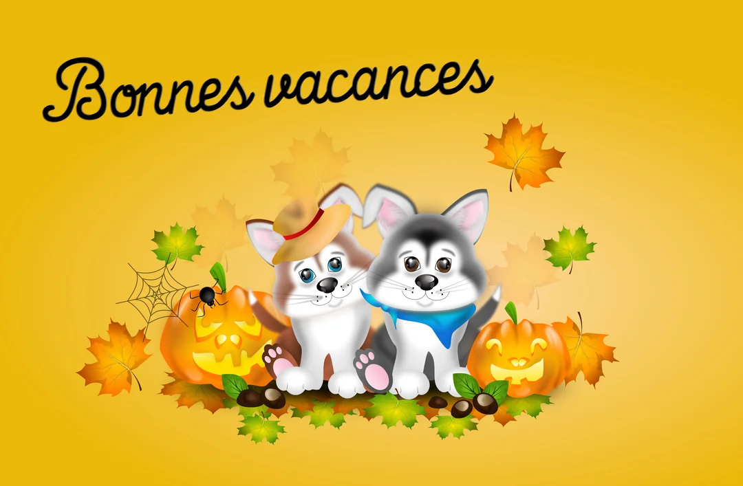 Deux chiots de style dessin animé sont assis parmi des citrouilles d'Halloween et des feuilles d'automne, sous l'inscription manuscrite 'Bonnes vacances' sur fond jaune.