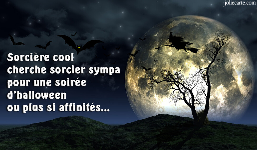 Scène de nuit avec une immense pleine lune, des silhouettes de sorcières sur balais et de chauves-souris volant devant un arbre dénudé.