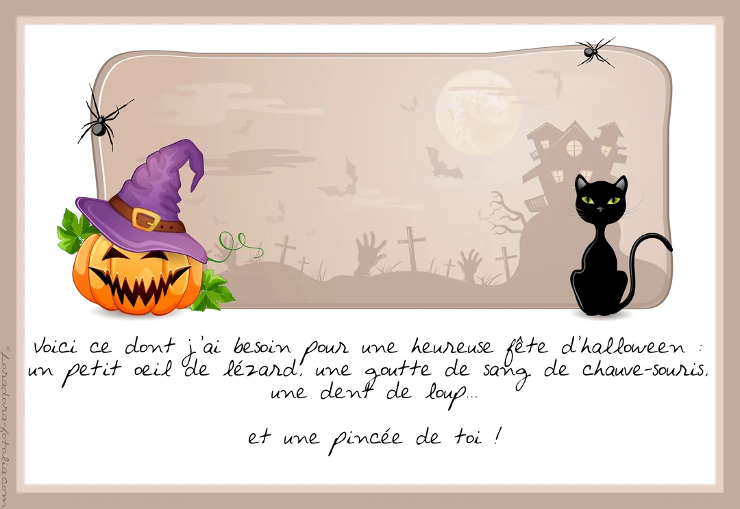 Une scène d'Halloween illustrée avec une citrouille-lanterne coiffée, un chat noir près d'un cimetière sous la lune, et un message manuscrit affectueux.