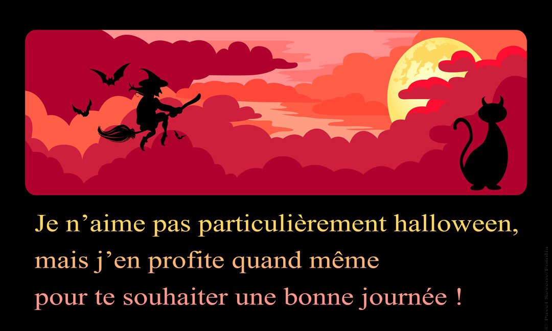 Une illustration nocturne d'Halloween montrant les silhouettes d'une sorcière, de chauves-souris et d'un chat-diablotin sous une pleine lune jaune.