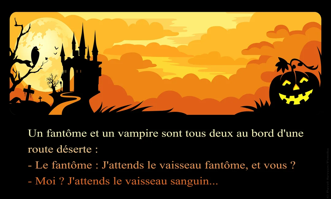Paysage d'Halloween en silhouette noire et orange, avec un château hanté, une citrouille et le texte d'une blague de vampire.