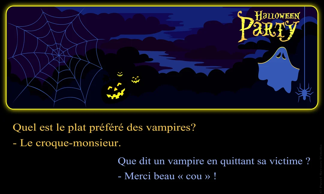 Une scÚne nocturne d'Halloween avec un fantÎme, des citrouilles, une araignée et des blagues sur les vampires écrites en dessous de l'illustration.