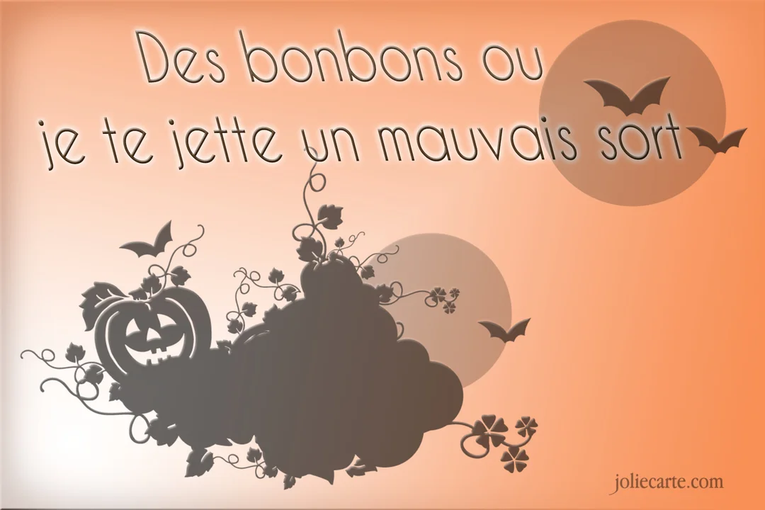 Une illustration pour Halloween avec des silhouettes noires de citrouille et chauves-souris sur un fond dégradé orange, avec un texte menaçant humoristiquement.