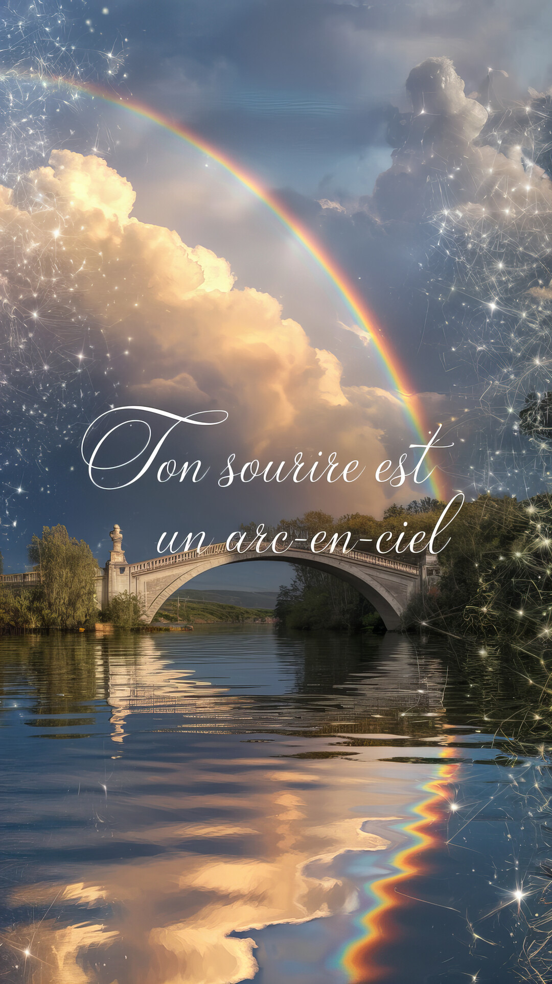 Une carte illustrant un paysage fantastique avec un pont sur l'eau, un arc-en-ciel dans un ciel nuageux et des éclats de lumière.