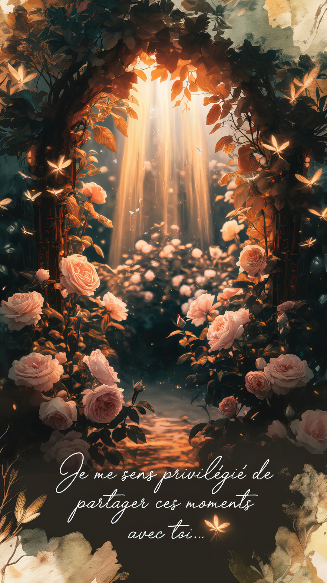 Une scène féerique montre un jardin de roses la nuit, sous une arche fleurie, illuminé par des rayons dorés et des papillons brillants.