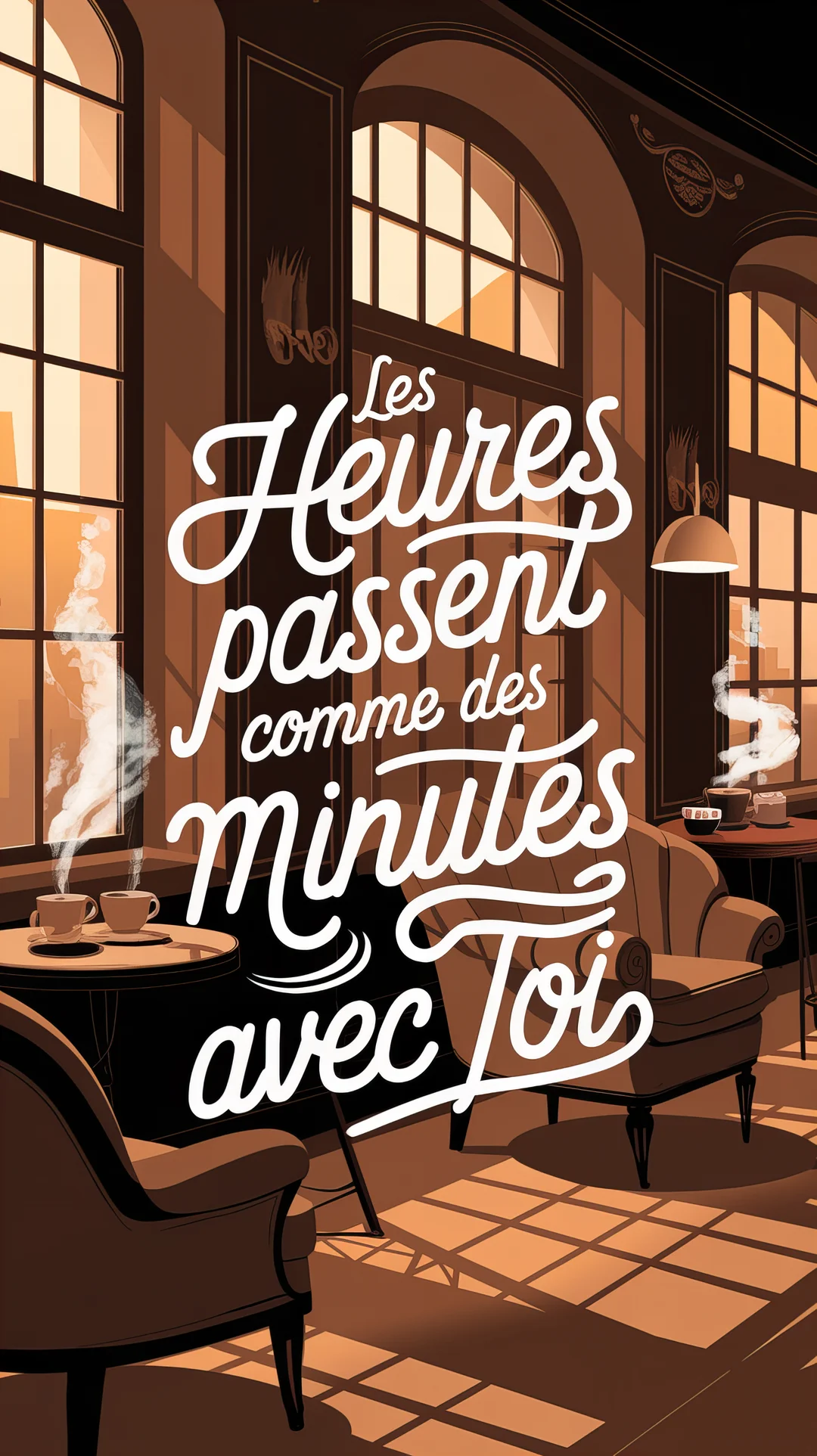 Intérieur élégant d'un café avec fauteuils et tasses fumantes, où le soleil couchant projette des ombres sur un sol en damier.