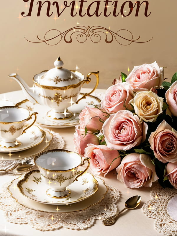 Carte d'invitation élégante montrant une table dressée pour le thé avec un service en porcelaine blanche et or, et un bouquet de roses roses.
